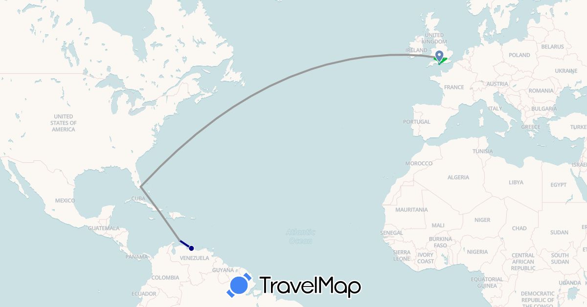 TravelMap itinerary: driving, bus, plane, cycling in Aruba, United Kingdom, United States, Venezuela (Europe, North America, South America)